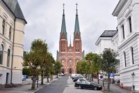 Kirkegata med Skien kirke (1894), arkitekt Hagbarth Schytte-Berg. Foto: Roy Olsen (2018).
