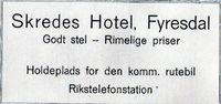 Annonse for Skredes Hotel 1925