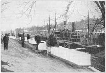 IS ANKOMMER DEN LILLE ISBRYGGA CA. 1917-1920. Hester og sleder/slådder med isblokker på brygga ved den lille isbrygga ved Bryggebakken. Venter på å laste isen om bord i dampskip. Foran hestene er isstablen som lå i vannkanten ved Bryggebakken. Steinborg i bakgrunnen. (Foto fra Killingstad; Røyken bygd før og nu 1928, fotograf ukjent)