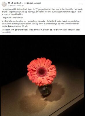 22. juli-senterets bursdagsblomst til Sondre Kjøren, 16. juni 2022. Skjermdump 22. juli-senterets Facebookside.