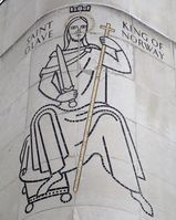St. Olav minnet på vegg på St. Olaf House i Tooley Street i London, der det tidligere sto en Olavskirke; St. Olave's Church Southwark. Foto: Stig Rune Pedersen