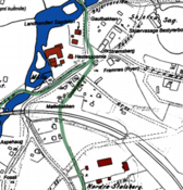 Kartskisse fra 1935 der veisystemet fra 1850 er lagt inn med grønt. Planketrafikken mot Gamle Strømsvei gikk opp Gislebakken. Det måtte anlegges bomvokterstue da Hovedjernbanen kom i 1852-54.