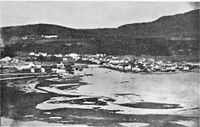 Steinkjer sett fra Egge gård ca. 1855. Brua midt i bildet. Foran ses en del av fjæra i Eggebogen. Nordsileira til venstre. Nedenfor brua - flere båter i elveløpet. Foto: