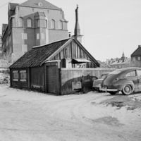 Stigbergsgatan 24 i 1961, der den norske kirka ble reist 15 år seinere.