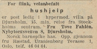 Annonse i avisa Hadeland, 29. mai 1948. Hushjelp kunne få post i «hypermoderne villa» i Djursholm utafor Stockholm.