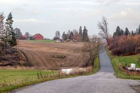 Parti fra Gamle Mossevei like nord for grensen til Vestby kommune. Østre Støkken gård i bakgrunnen. Foto: Leif-Harald Ruud (2014)