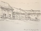 Tegning av Bergseng gården i Storgata 61. Artist og alder ukjent.