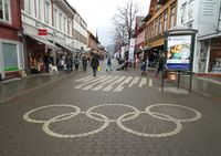Motiv fra Storgata på Lillehammer med OL-ringene. Foto: Elin Olsen (2014)