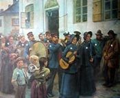 W. Peters' «Stormangrep på en fiskerlandsby», malt i 1895 mens kunstneren bodde i Son.