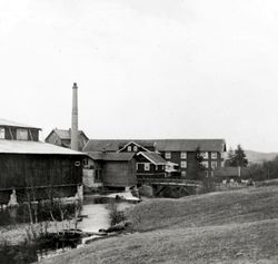 Strømmen Trævarefabrik ca 1905. Bak den lave Trevarebrua ses fabrikkbygningen som er forlenget til østre elvebredd.