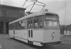 Strømmentrikk, Strømmens Værksted. Denne vognserien fikk et kort liv pga brannen i 1956. Fotograf Schrøder/Sverresborg - Trøndelag Folkemuseum