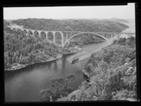 Brua sett fra Hjelmkollen på norsk side. Foto: Jac Brun (1957).
