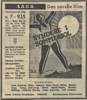 Faksimile fra Dagbladet 15. februar 1934: annonse for filmen Syndere i sommeren etter Sigurd Hoels roman (regi: Einar Sissener), som var åpningsfilmen for Saga kino.