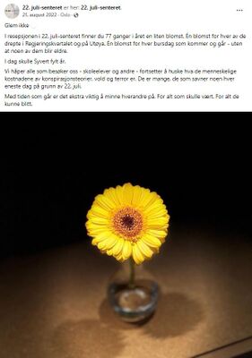 22. juli-senterets bursdagsblomst til Syvert Knudsen 21. august 2022. Skjermdump 22. juli-senterets Facebookside.