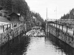 Fløting gjennom Vrangfoss sluser i Telemarkskanalen. Foto: Nasjonalbiblioteket (1945-1960).