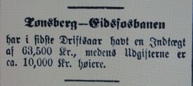 Faksimile fra Aftenposten 22. september 1908: Notis om den økonomiske situasjonen ved Tønsberg-Eidsfossbanen.