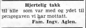 Takkeannonse fra familien Ingv. Aglen i Namdal Arbeiderblad 28.10.1950.jpg