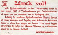Telefonoppslag for Nes Telefonselskab 1902.