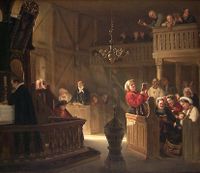 Adolph Tidemand: «Gudstjeneste i en Landskirke», 1844. Vi kan sjå altartavla, som no heng i Sauland kyrkje. Kapitelet på gallerisøyla er eitt frå Urnes stavkyrkje. Foto: Nasjonalmuseet