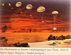 Landingsfartøyet Huygens bane ned mot Titans overflate.