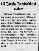 Faksimile fra avisa Telen 11. juli 1929. Notis om utvidelser hos Tjønnås torvstrøfabrikk.