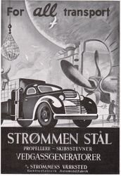 Denne transportreklamen i Strømmen bedriftsavis 1944 viser at det midt under krigen ble utvist initiativ både for generatorer og skipsutstyr.