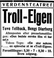 Annonse for Troll-Elgen. Foto: Adresseavisen (27. desember 1927.).