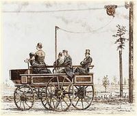 Trolleybusstest. Werner von Siemens oppdaget muligheter til å utnytte det dynamoelektriske prinsipp i 1866. Laget første elektriske lokomotiv for industriutstillingen i Berlin 1879. Viser hvordan det kunne brukes i en elektrisk drevet trikk/vogn i 1882. Foto: Ukjent kunstner