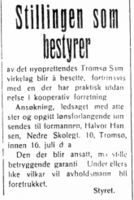 Tromsø samvirkelag annonserte etter bestyrer i Folkeviljen i 1923