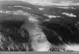 Tryvannkleiva, med Skomakertjern nederst til høyre og Ringeriksflaka over. Foto: Vilhelm Skappel/Widerøes Flyveselskap/Oslo byarkiv (1954).