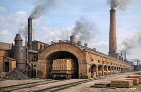 Bilde av en tunnelovn for brenning av teglstein. Ovnen var gassfyrt med såkalt generatorgass, en blanding av kullstøv og luft. Firma Ing. Carl Mendheim i Tyskland var en av de første produsenter av slike anlegg. En tilsvarende ovn ble levert og bygget på Slemmestad rundt 1889/1890.