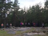 Aktive Kvinner i Bjerke på tur i Lillomarka. Her står flotte damer som har erobret skogen og nå kan kalle Lillomarka deres nye treningshjem. Det ble også tid til sosiale aktiviteter takket være gode bånd. Disse damene står praktfulle og majestetiske langs en liten tregrense