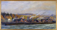 Jens Wangs maleri av Ulefos Jernværk til Maskinhallen på Jubileumsutstillingen på Frogner 1914. Foto: Norsk Teknisk Museum