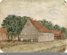 Juli 1891: Ullevålsveien 35, i midten våningshuset, til venstre en sidebygning og til høyre stabbur med skjul. Mellom våningshuset og sidebygningen er øvre del av alleen som gikk ned til Dalsbergstien.