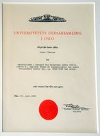Diplom fra Oldsakssamlingen til Johan Fløttum for steinøks fra Dalborgen