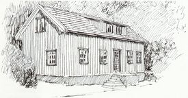 Østre Våg bnr 1-3. Tegning av Knut Segtnan, fra boka Gårder i Bamble, s. 91