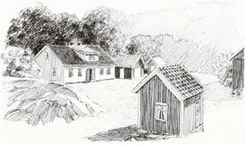 Østre Våg bnr 2. Tegning av Knut Segtnan, fra boka Gårder i Bamble, s. 91