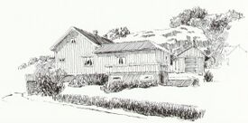 Vestre Våg bnr 2. Tegning av Knut Segtnan, fra boka Gårder i Bamble, s. 90