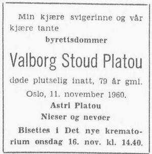 Valborg Stoud Platou dødsannonse Aftenposten 1960.JPG