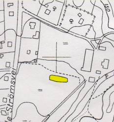 Vestre Strøm med Robsruddammen merket med gult. Kartgrunnlag 1950.