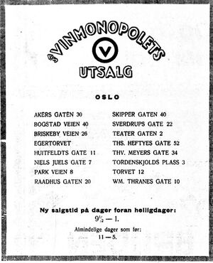 Vinmonopolet annonse Oslo utsalgssteder 1925.jpg