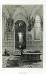 Karl XIIs grav på Riddarholmen i Stockholm. Fra Voyages de la Commission scientifique du Nord, en Scandinavie, en Laponie, au Spitzberg et aux Feröe, 1852.
