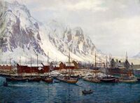 Karl Ouren fant mange av sine motiv i Lofoten. Her har han malt havnen i Svolvær.